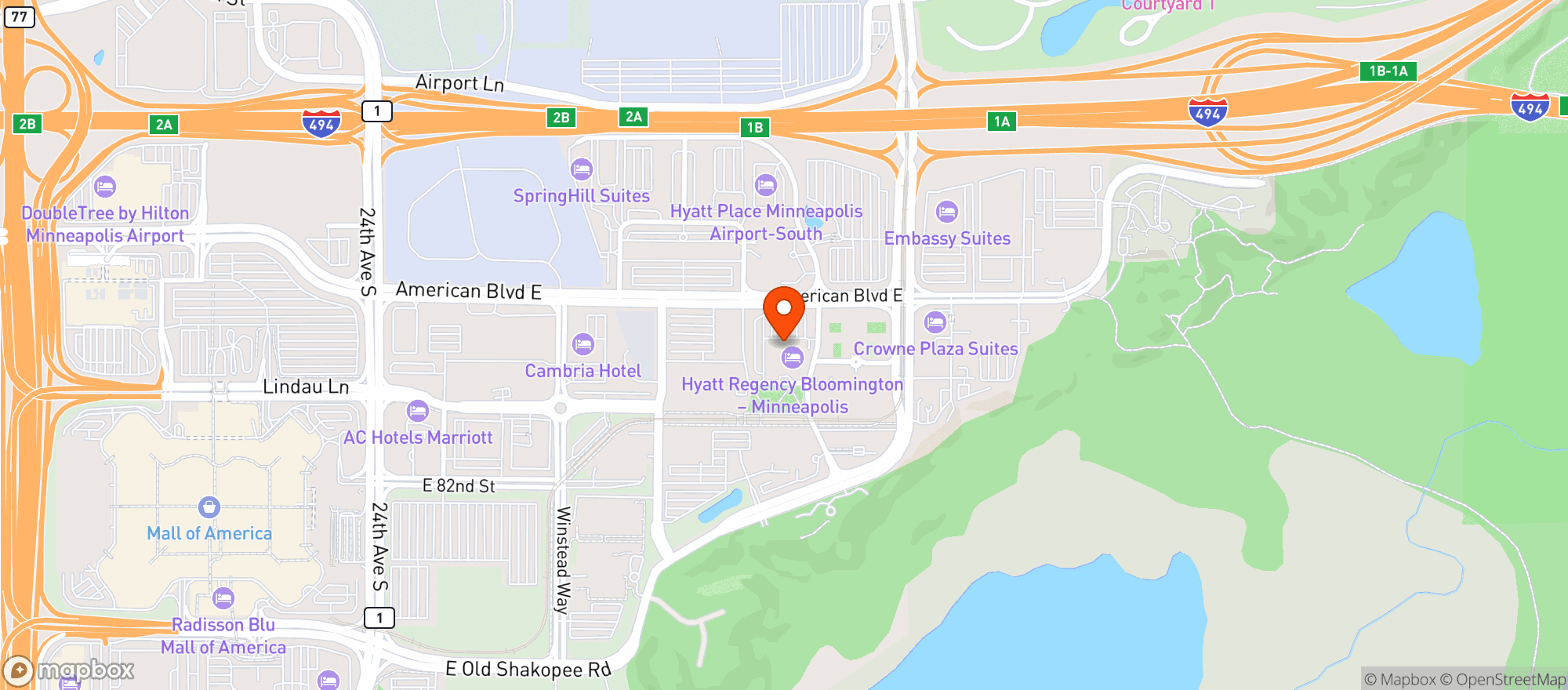 Map showing Hyatt Regency Bloomington Minneapolis