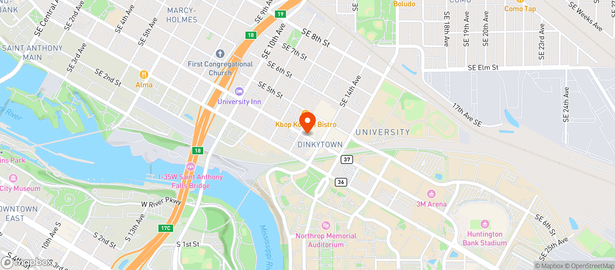 Map showing Mesa Pizza Dinkytown