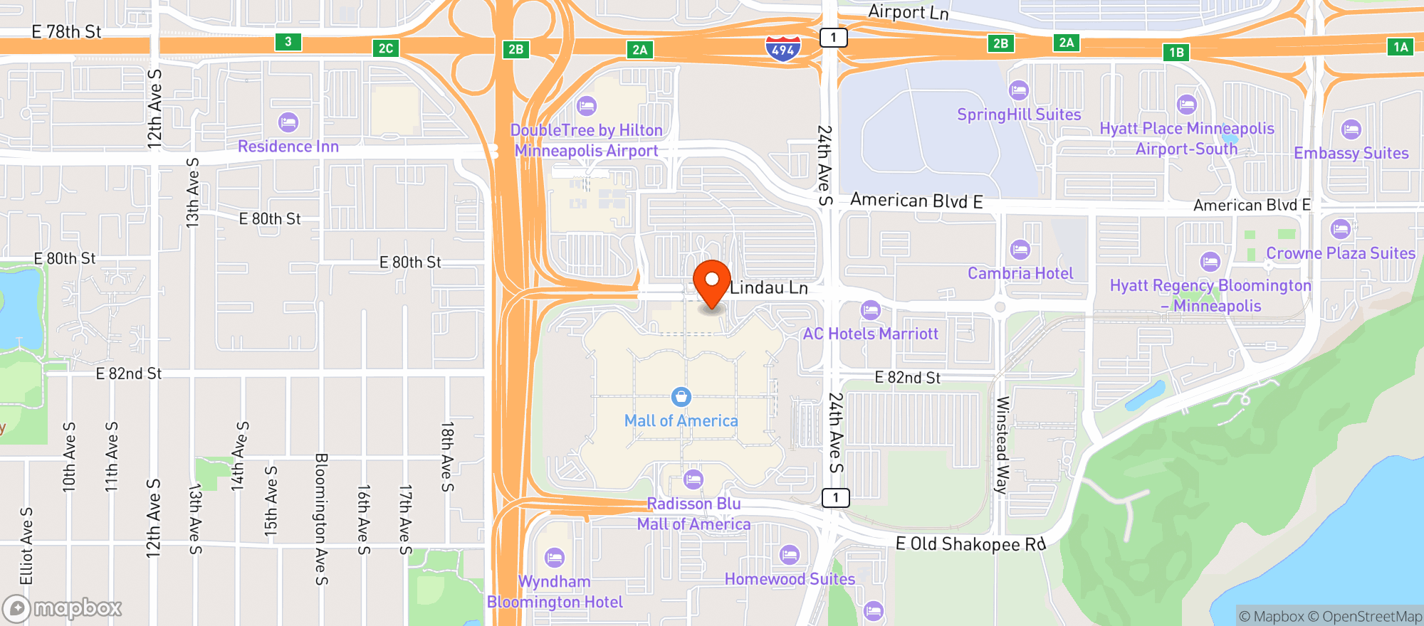 Map showing JW Marriott Minneapolis MOA