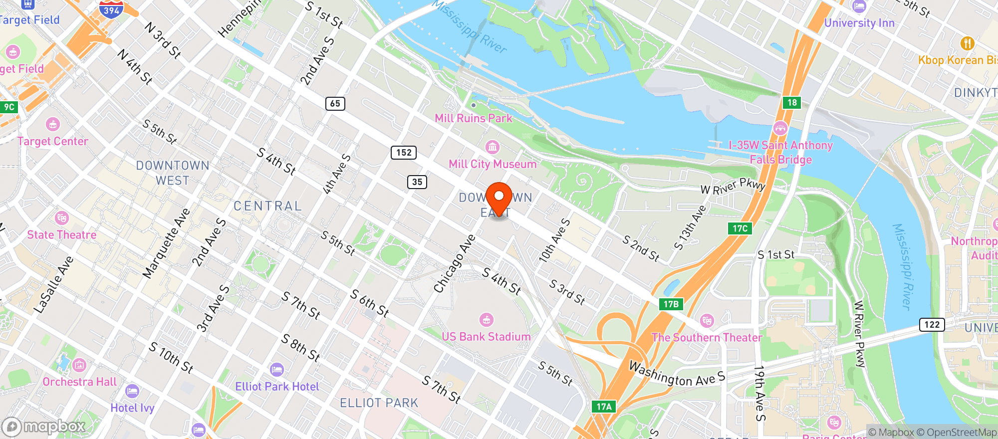 Map showing Moxy Minneapolis Downtown