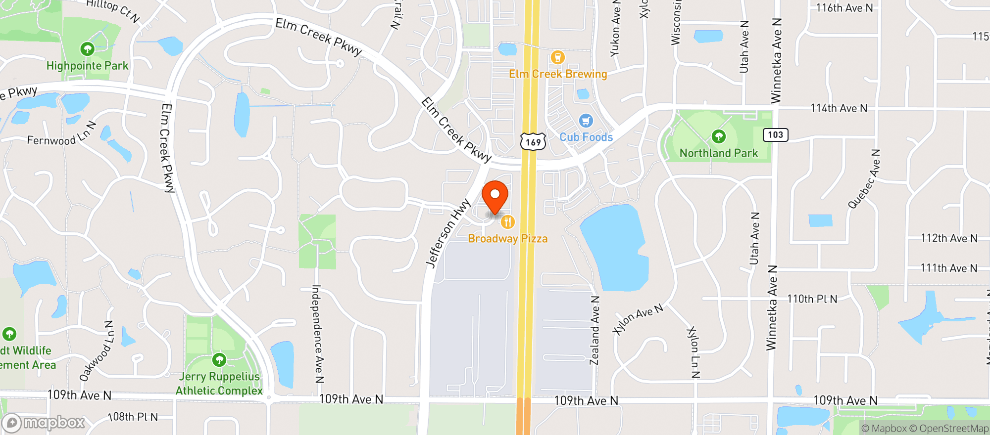 Map showing Broadway Bar & Pizza