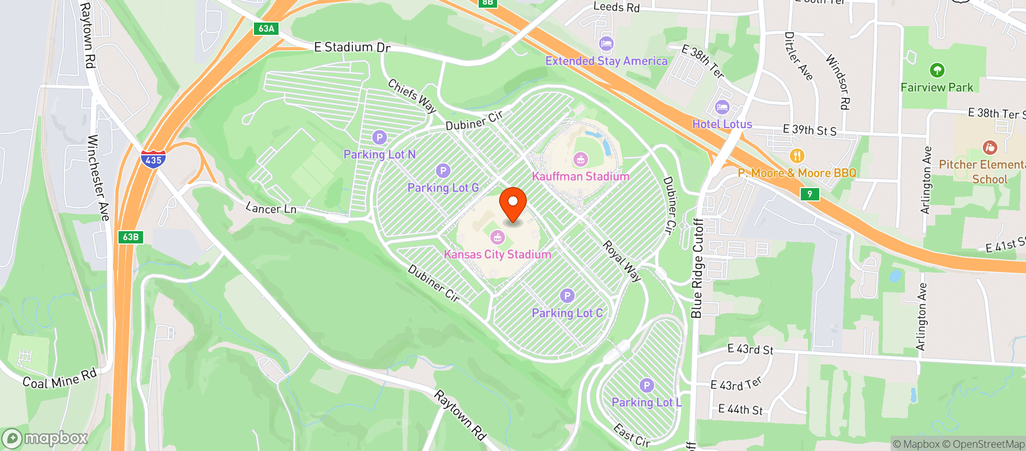 Map showing Arrowhead Stadium (GEHA Field at Arrowhead Stadium)
