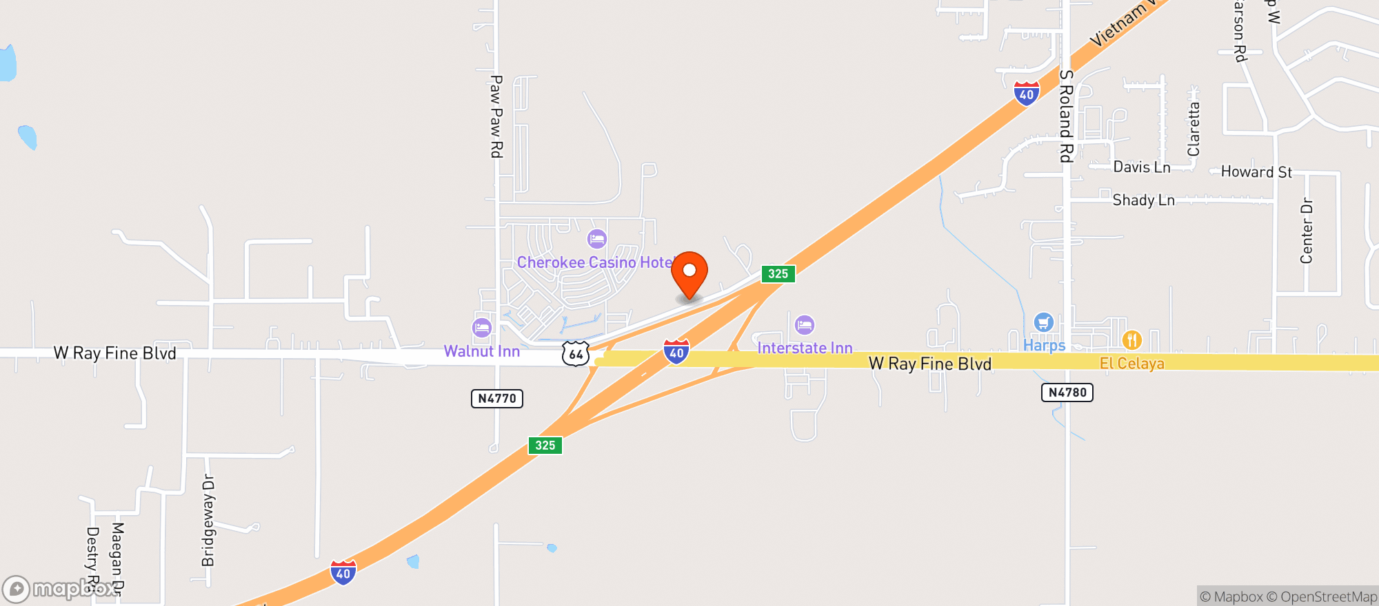Map showing Cherokee Casino