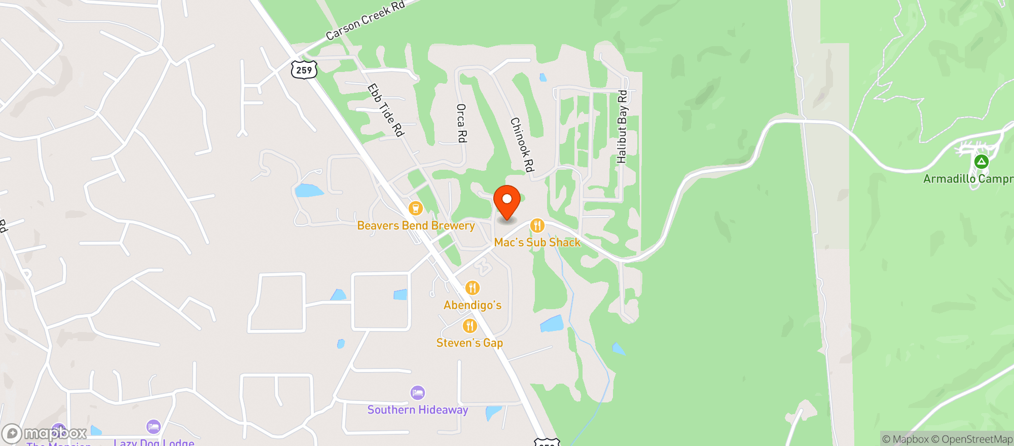 Map showing Hochatown Bigfoot Axe Throwing- Broken Bow