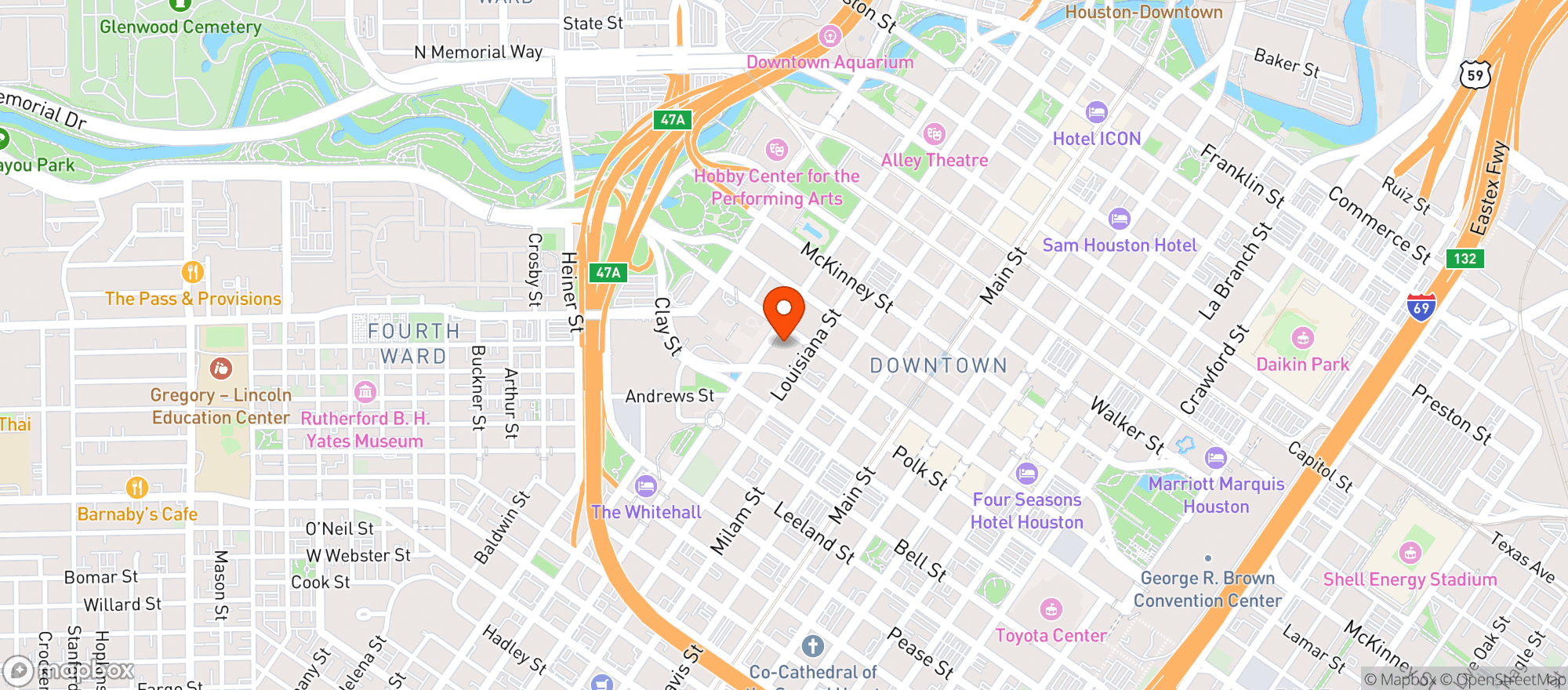 Map showing Hyatt Regency Houston