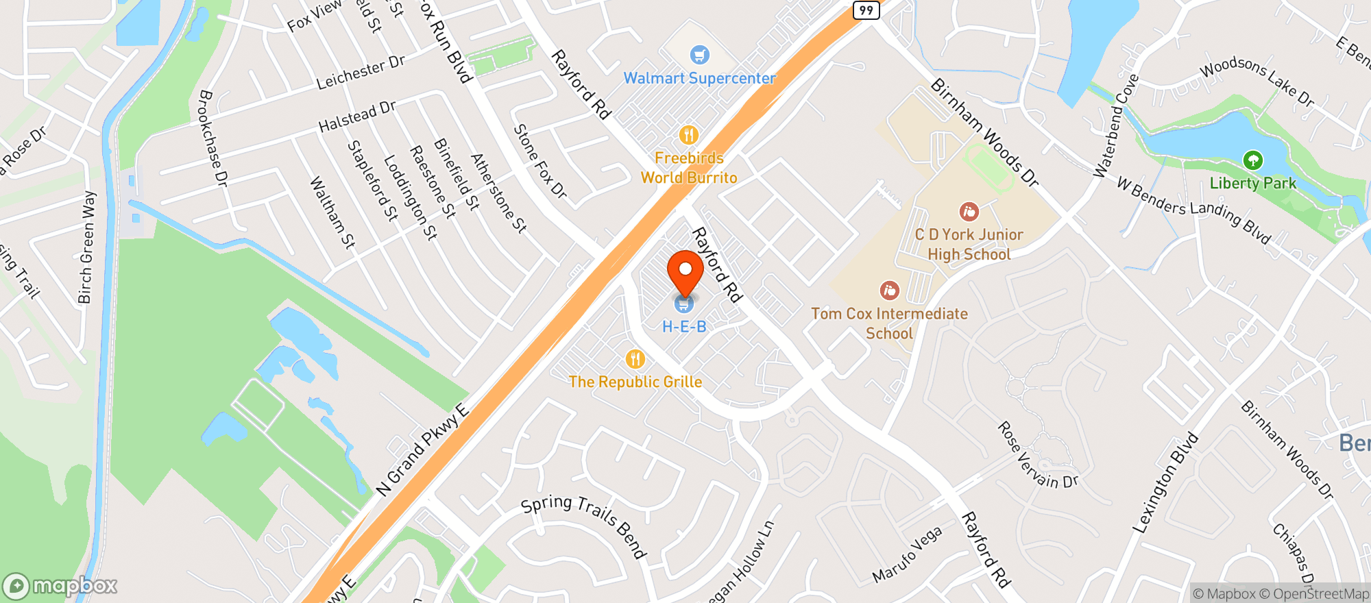 Map showing H E B (SPRING CREEK MARKET)