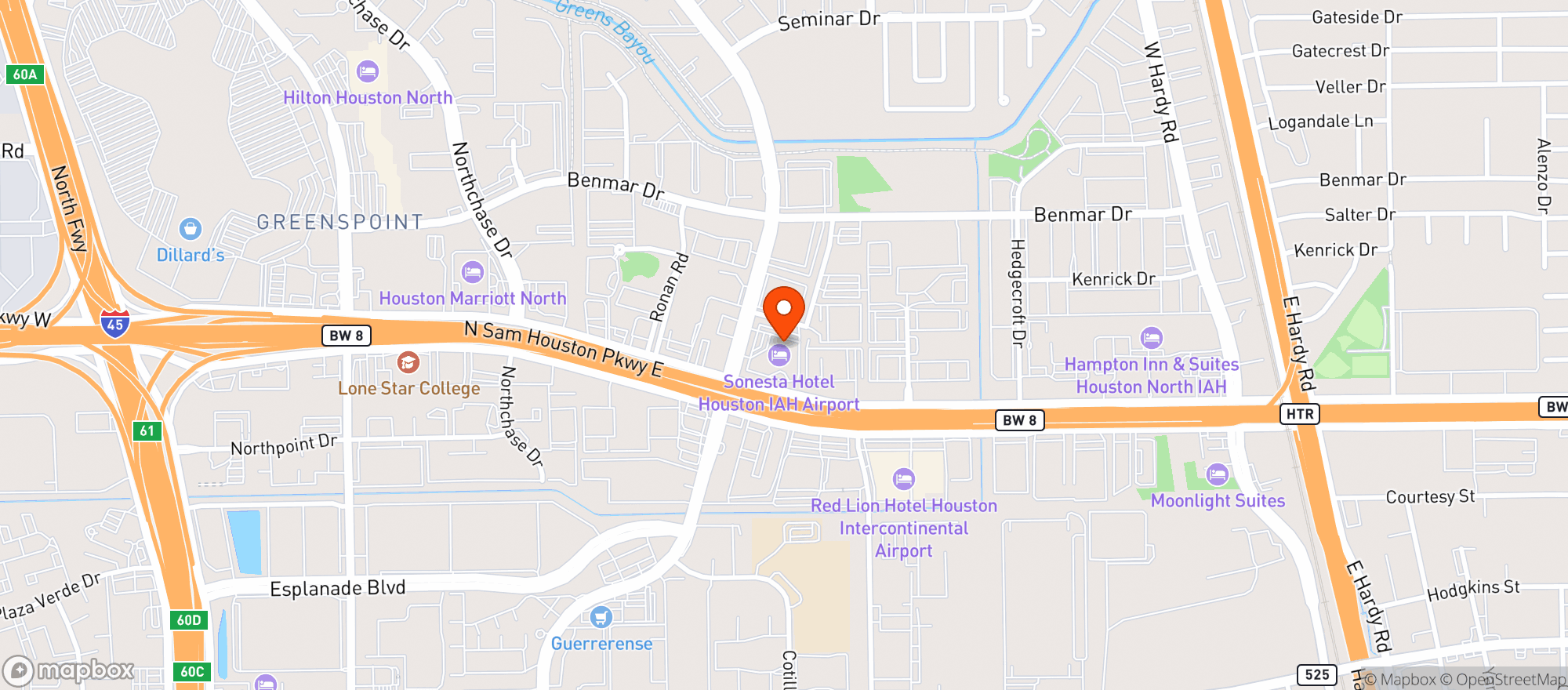 Map showing Hyatt Regency Houston Intercontinental Airport