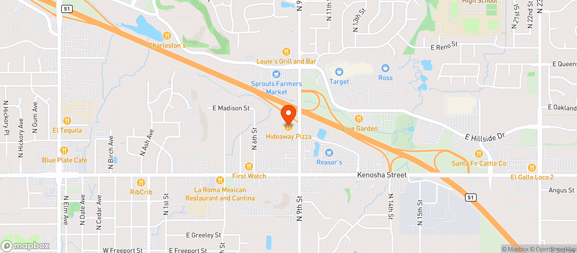 Map showing Hideaway Pizza