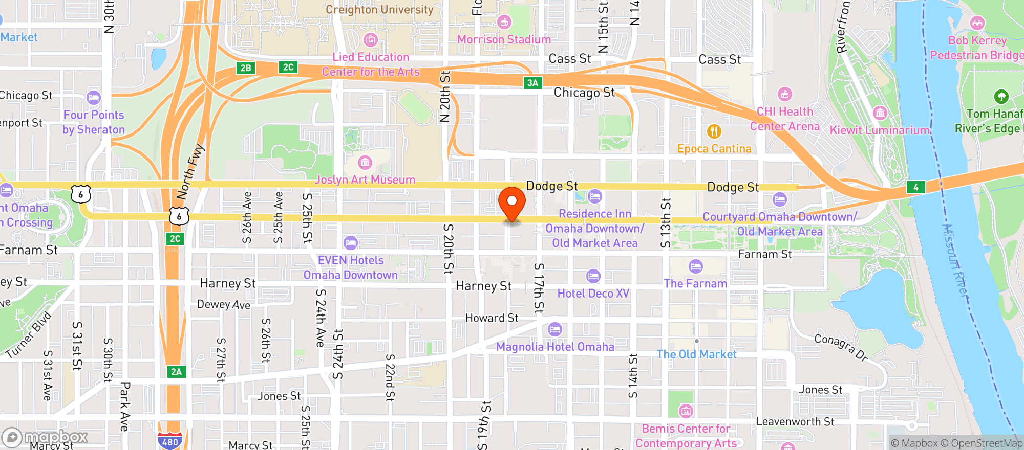 Map showing Perigren Hotel Omaha Downtown Curio