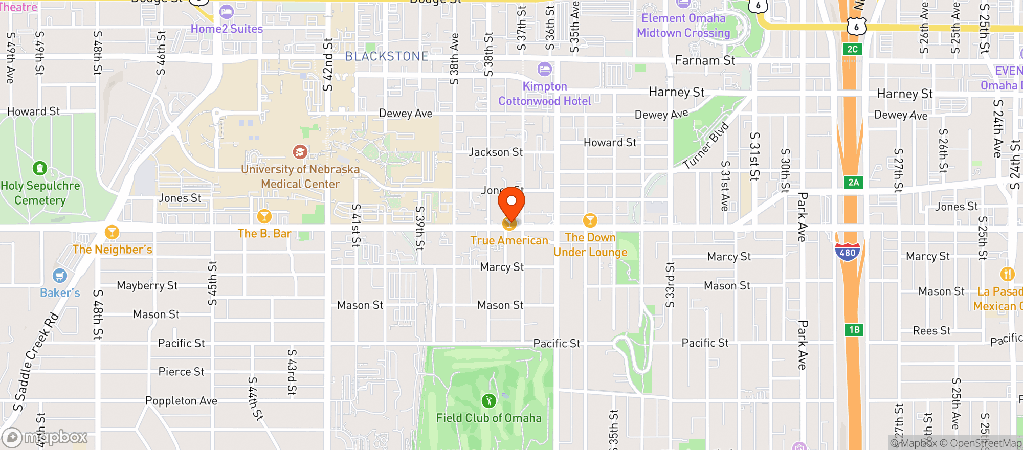 Map showing True American Bar & Spirits