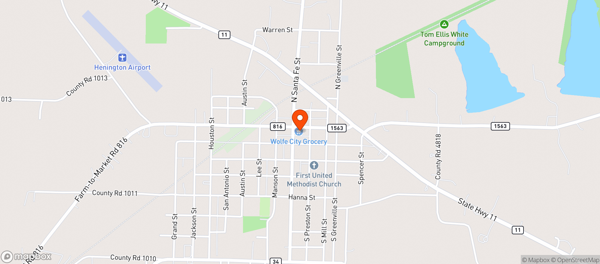 Map showing Wolfe City Grocery