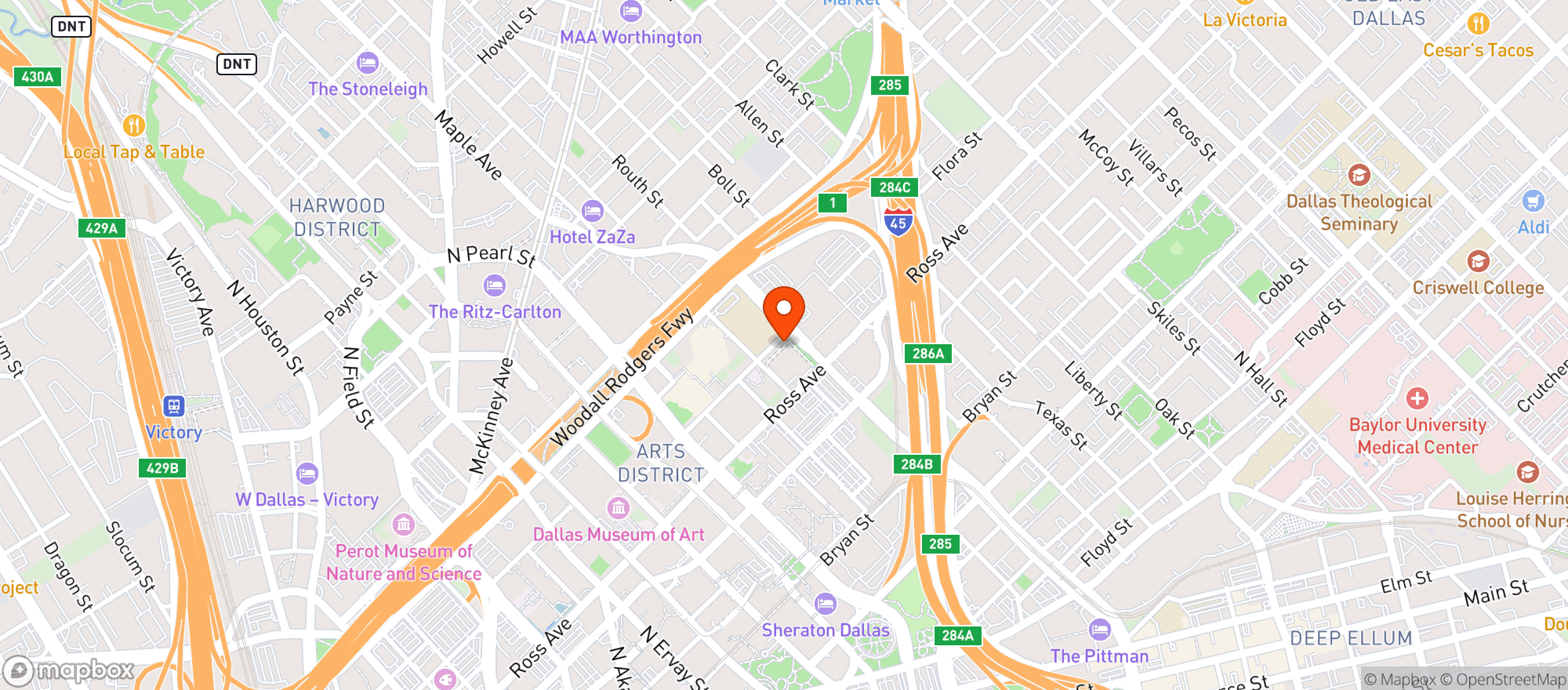 Map showing Dallas City Performance Hall
