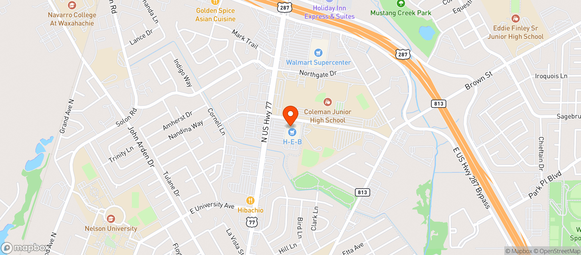 Map showing H E B (WAXAHACHIE)