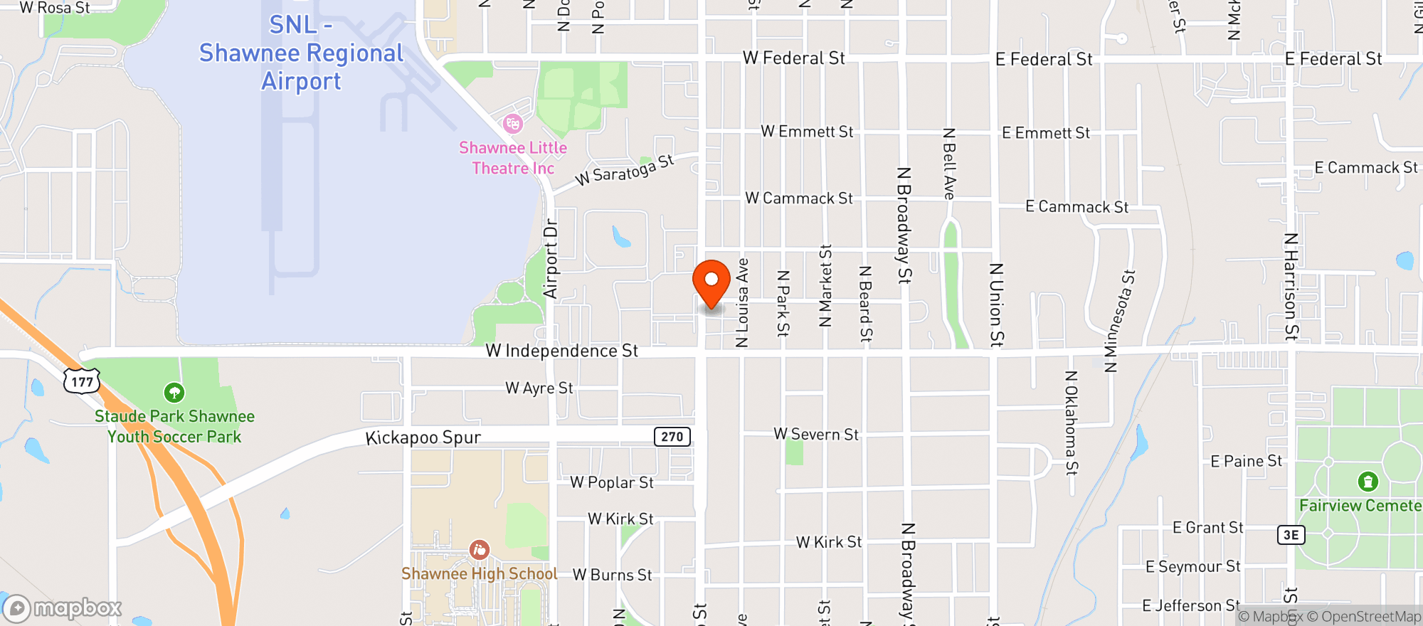 Map showing Kickapoo Red Ball Liquor - Shawnee