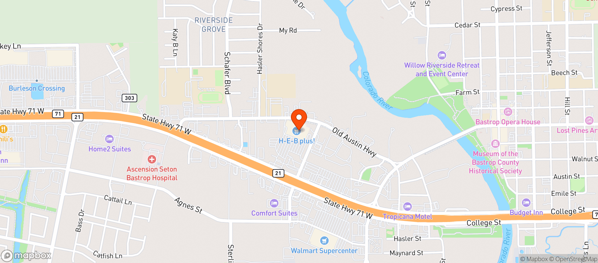 Map showing H E B (Bastrop)