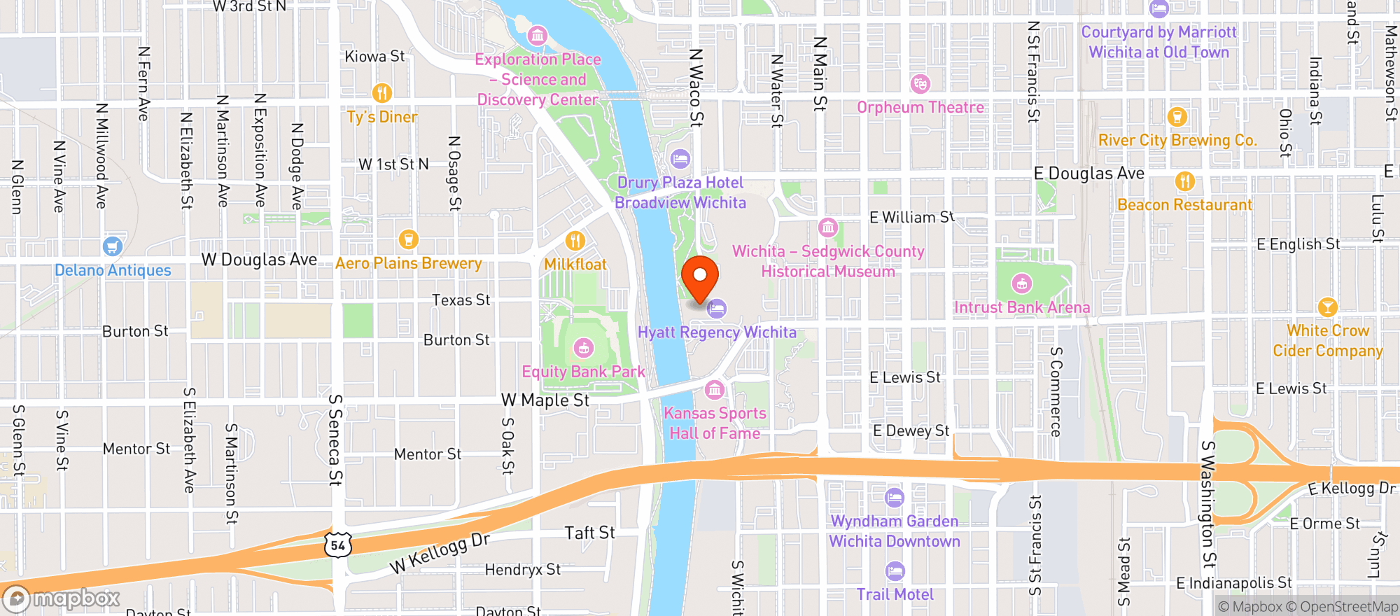 Map showing Hyatt Regency Wichita