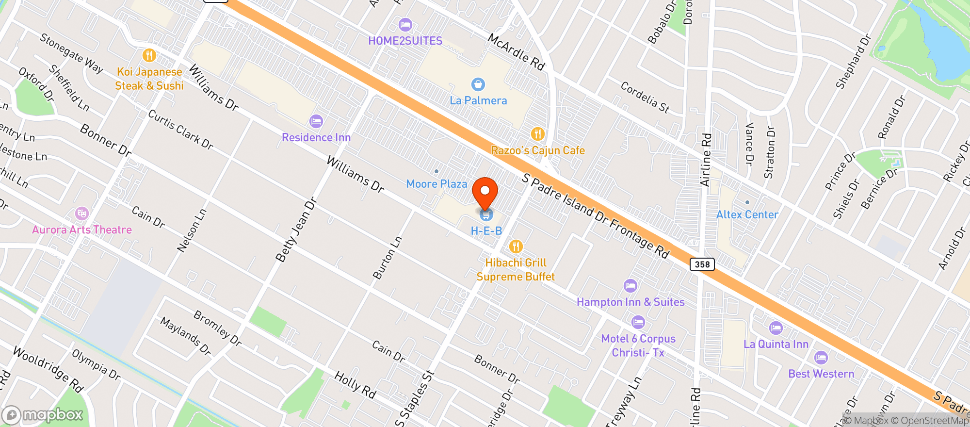 Map showing H E B