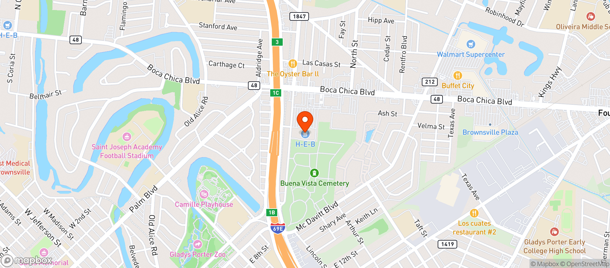 Map showing H E B