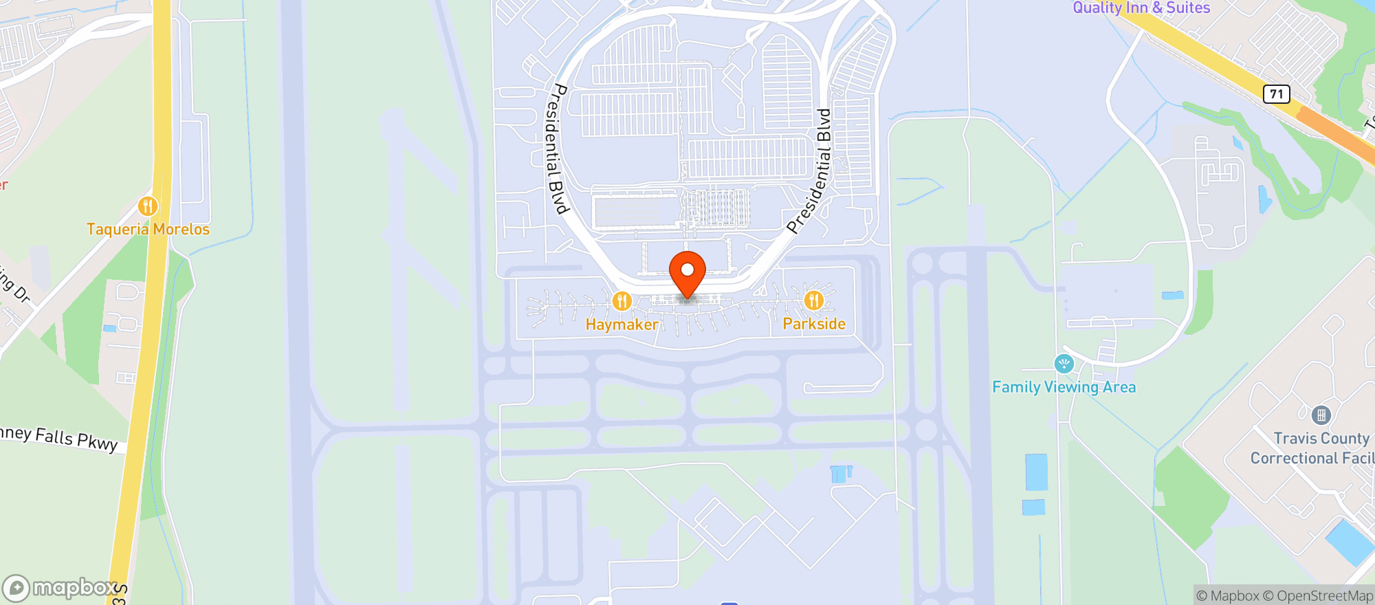 Map showing Austin Bergstrom International Airport (AUS) (Austin Bergstrom International Airport)