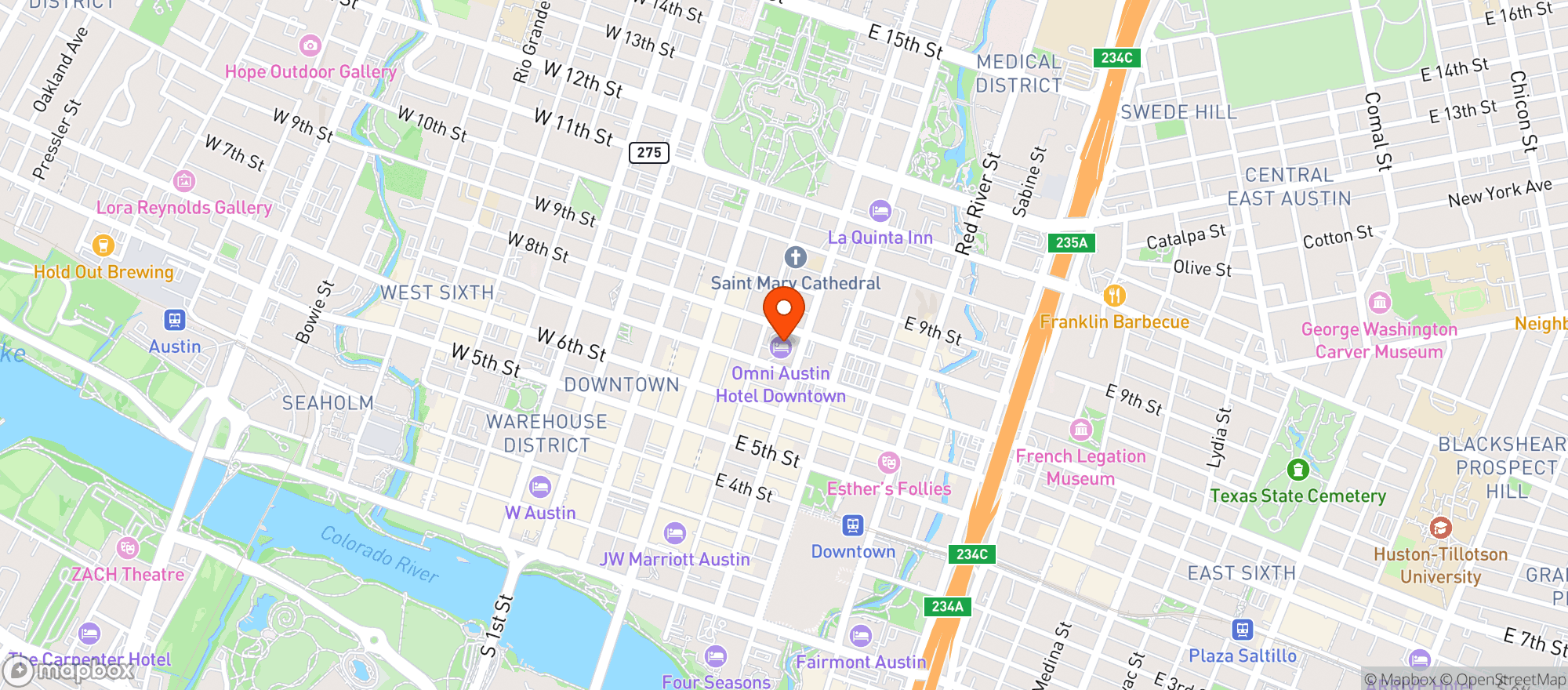Map showing Omni Austin Hotel Downtown