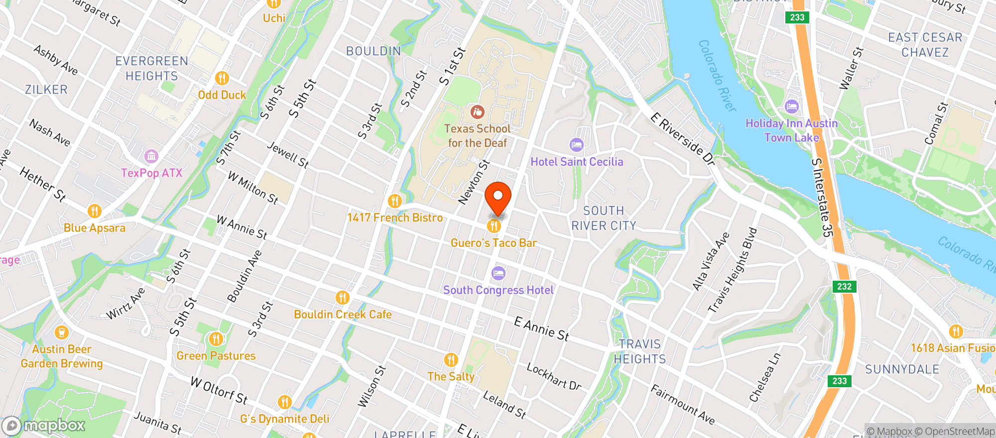 Map showing Guero's Oak Garden