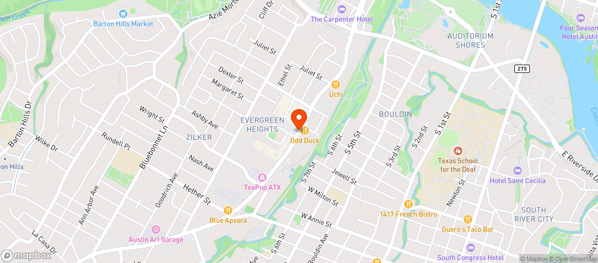Map showing Maudies Tex Mex
