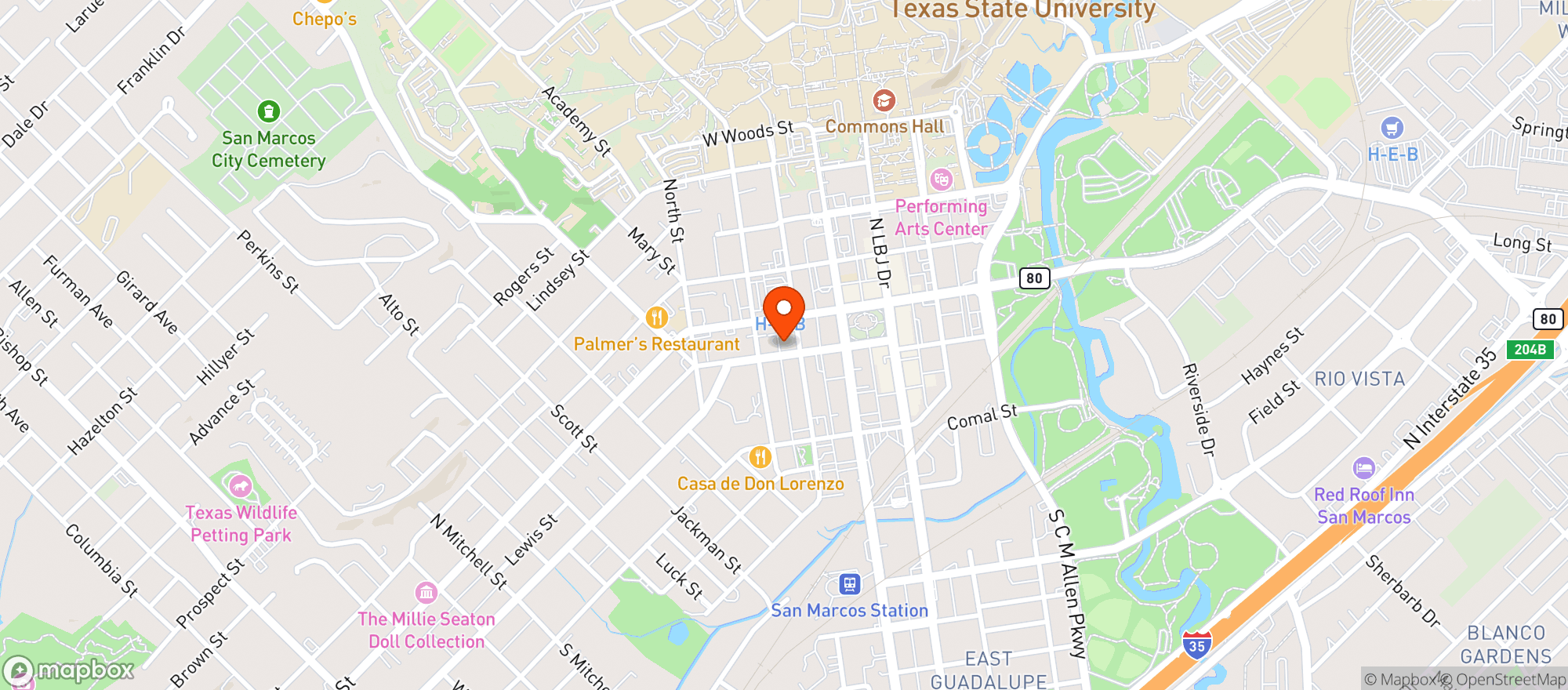 Map showing Happy Clouds Smoke Shop - San Marcos
