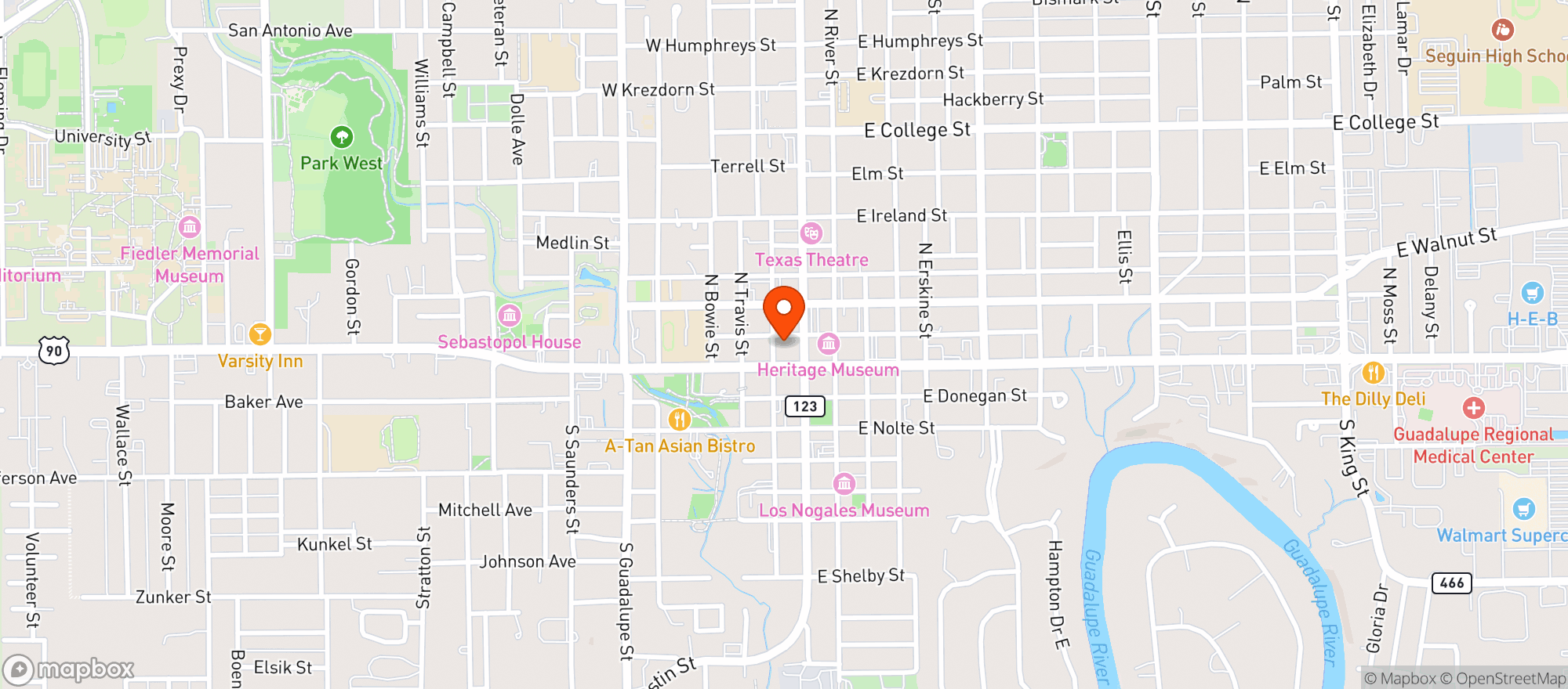 Map showing Seguin Brewing Co