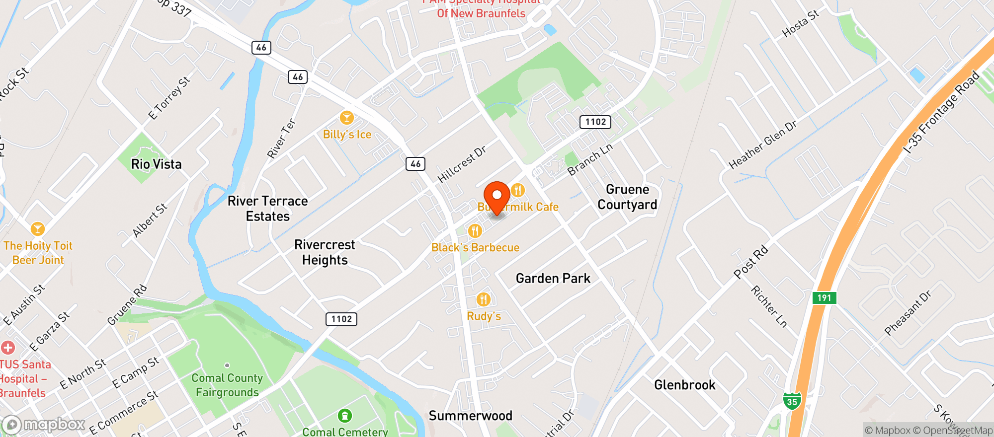 Map showing Holy Smokes - New Braunfels