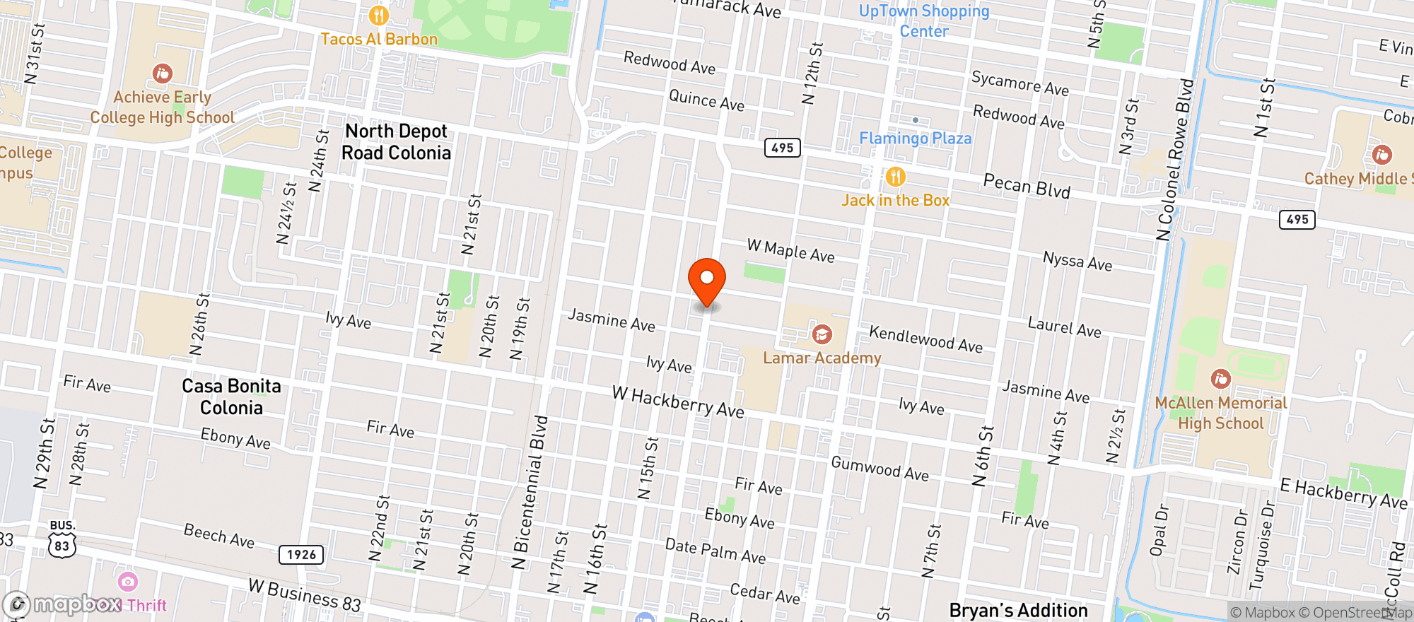 Map showing El Plebe Tacos & Beer Garden