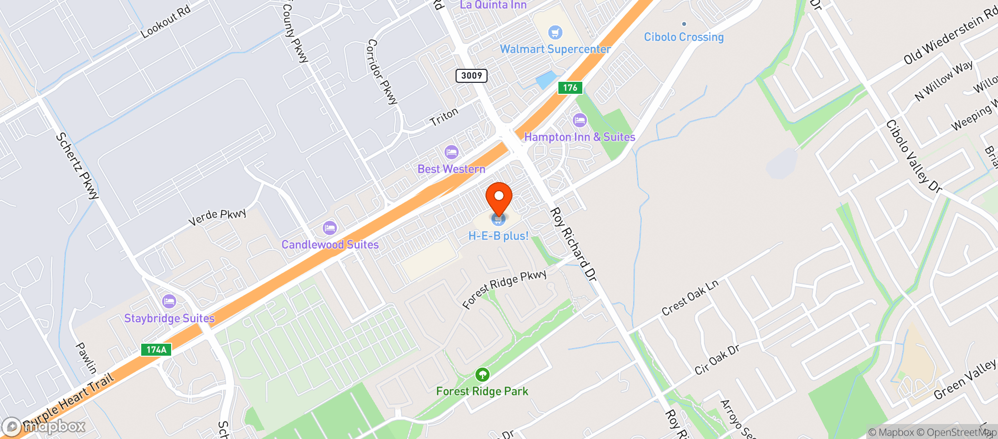 Map showing H‑E‑B plus! Schertz