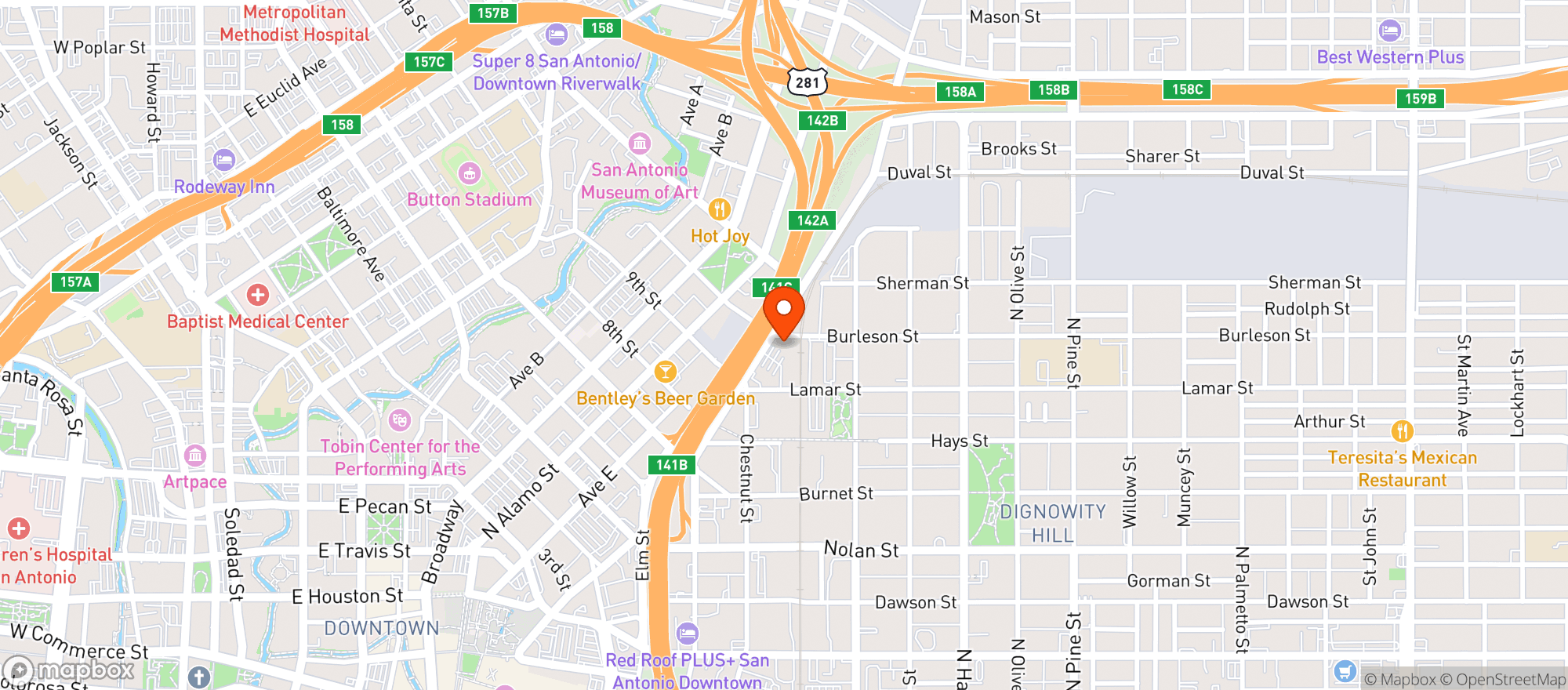 Map showing Burleson Yard Beer Garden