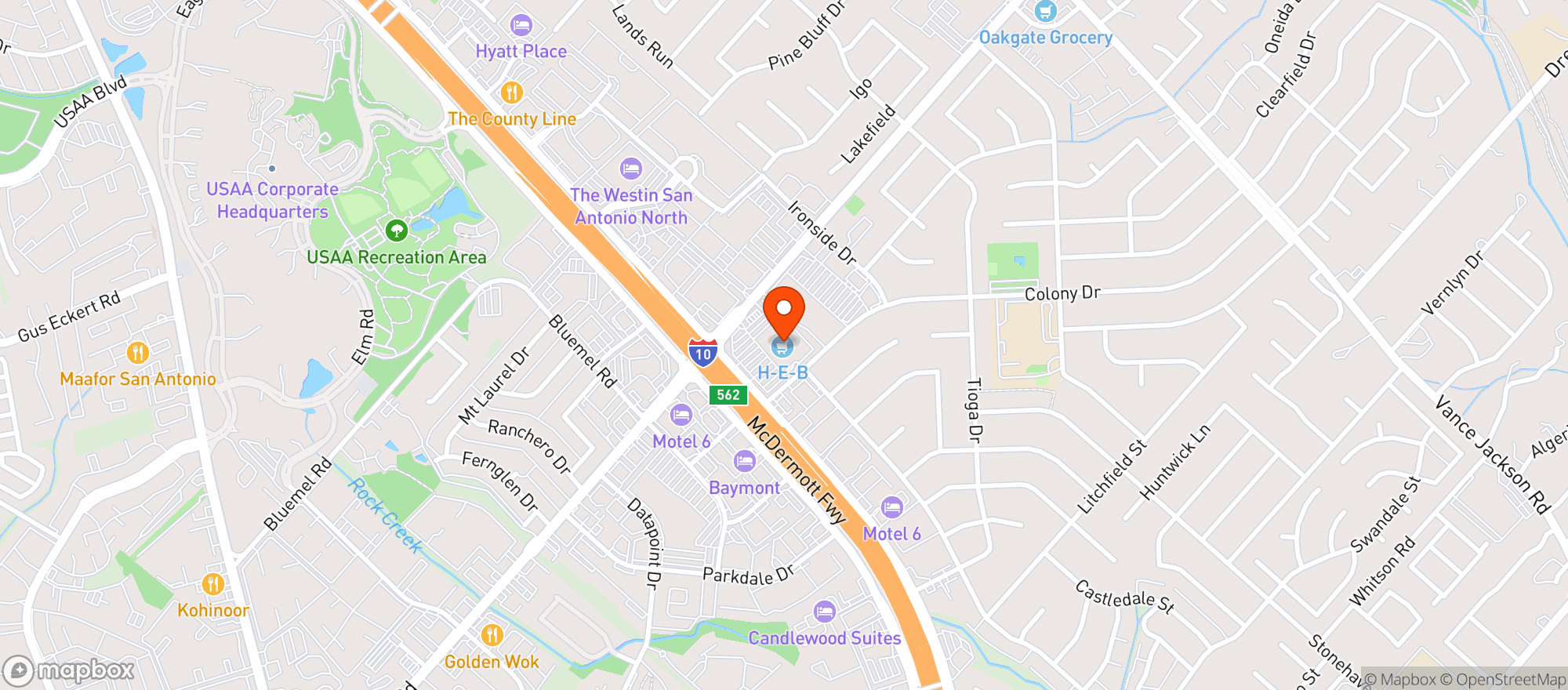 Map showing H-E-B I10 and Wurzbach