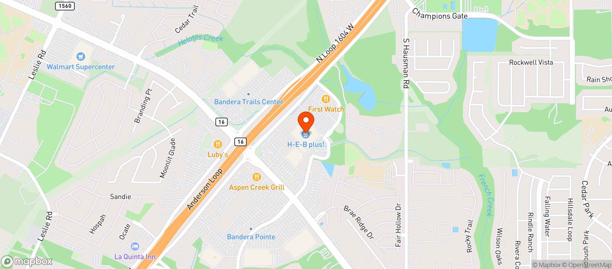 Map showing H-E-B Plus! Bandera and 1604