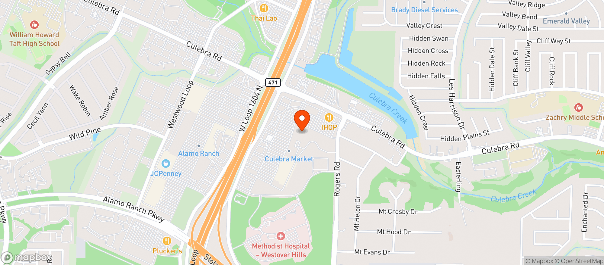 Map showing H-E-B Culebra and 1604