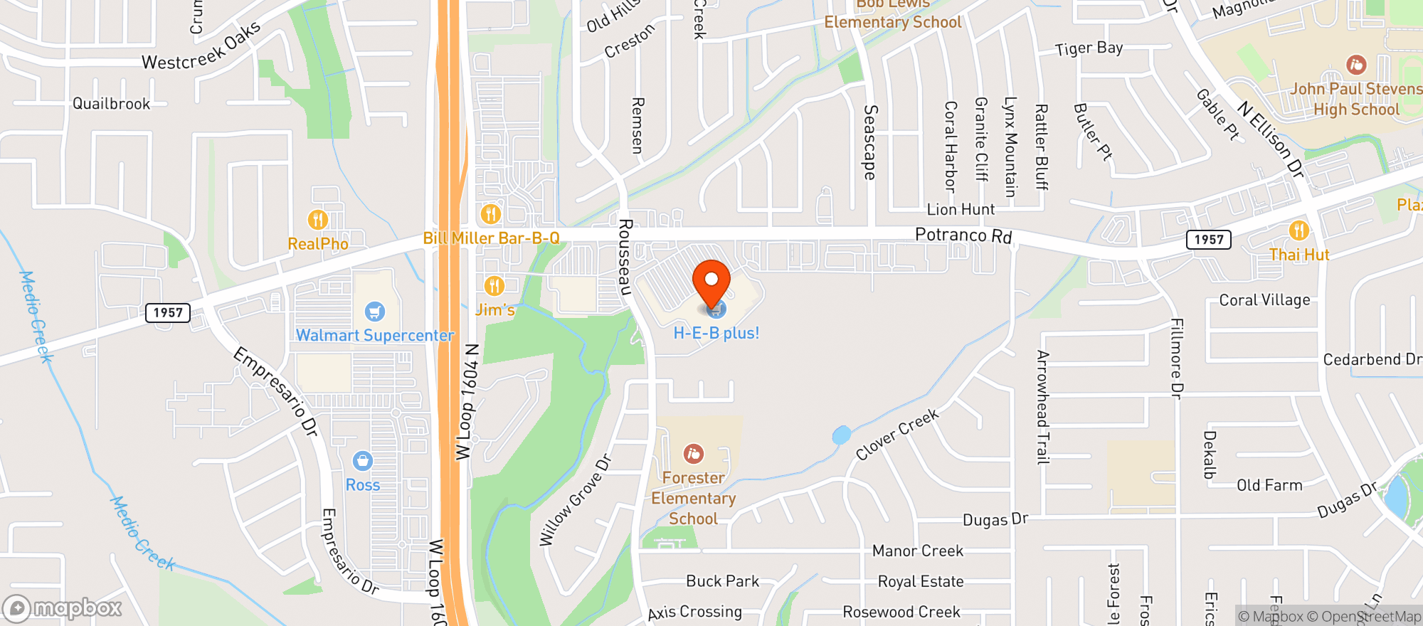 Map showing H-E-B Plus! Potranco and 1604