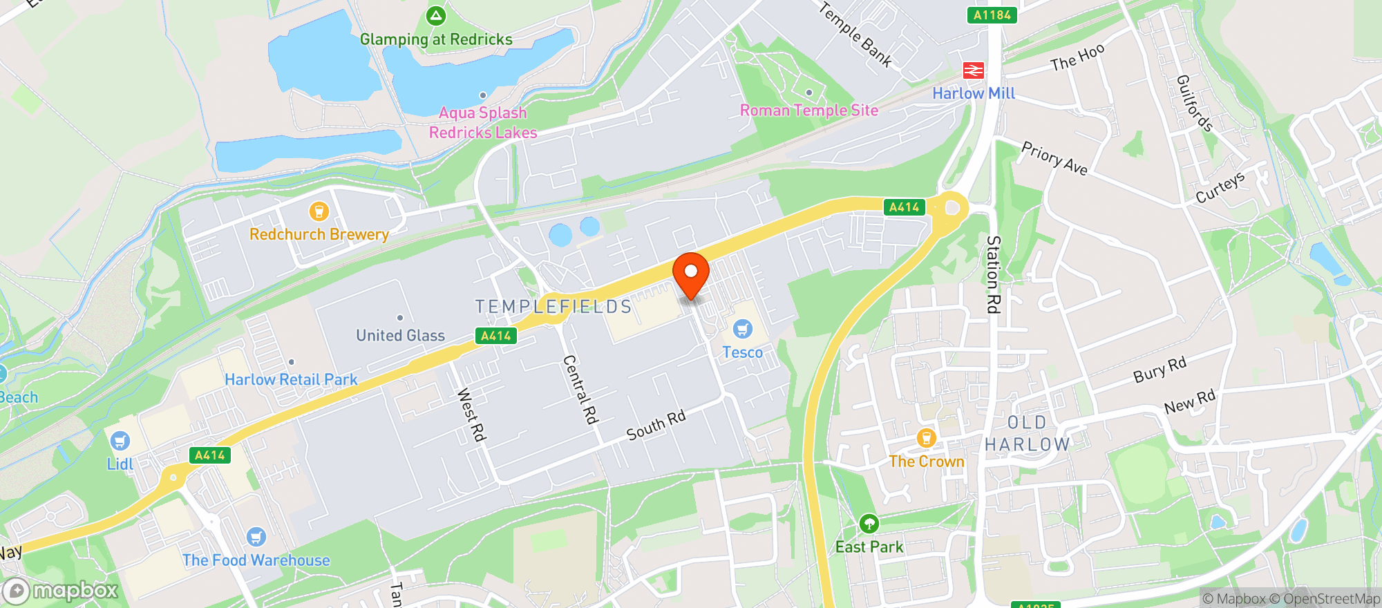 Map showing Tesco Superstore Harlow Edinburgh Way