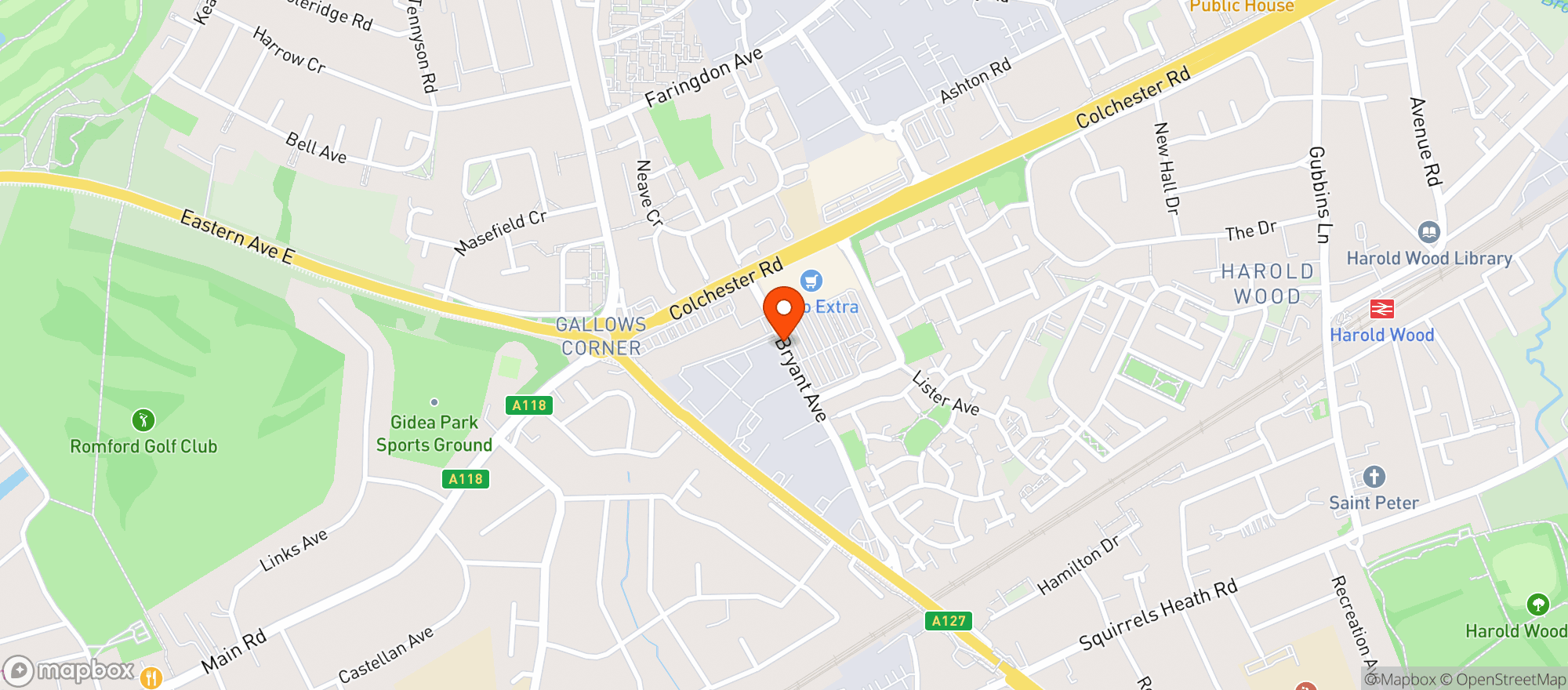 Map showing Tesco Extra Romford Gallows Corner