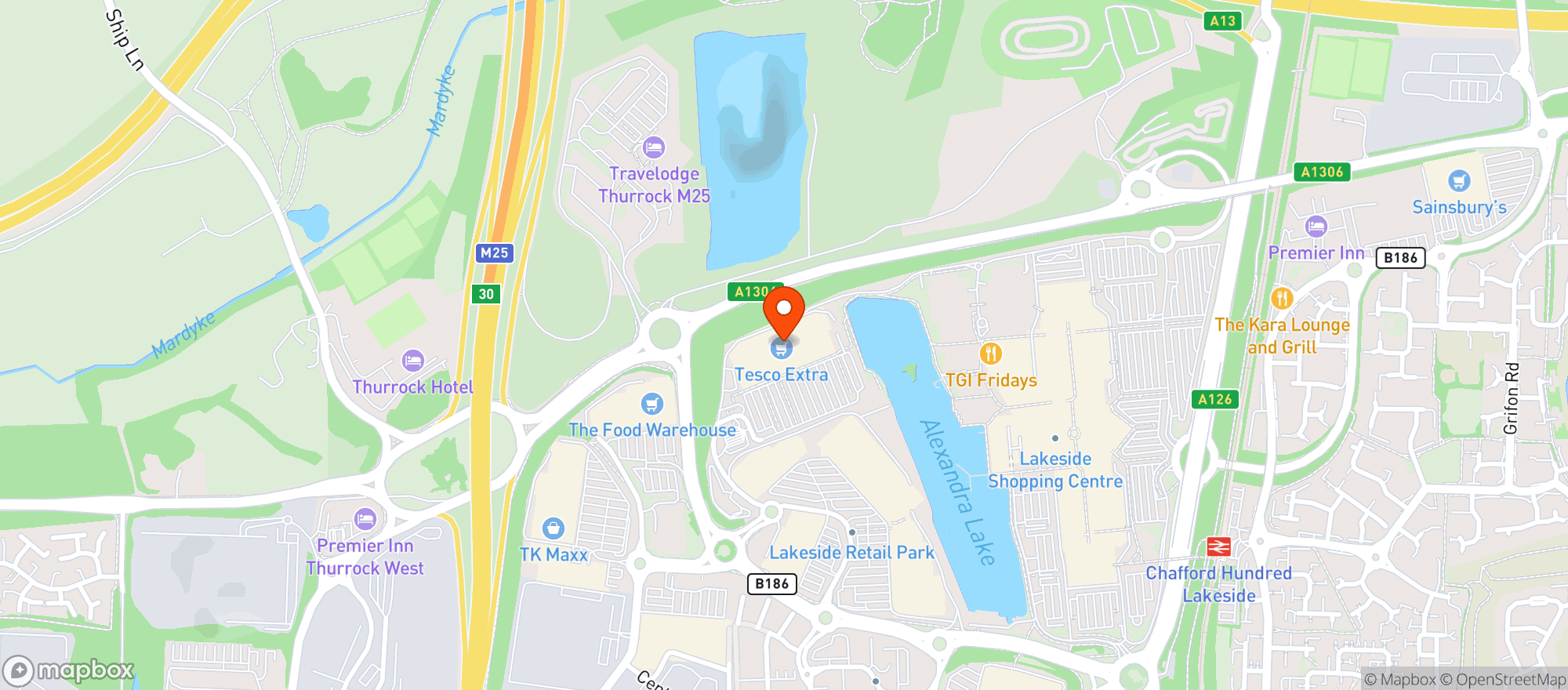 Map showing Tesco Extra Lakeside