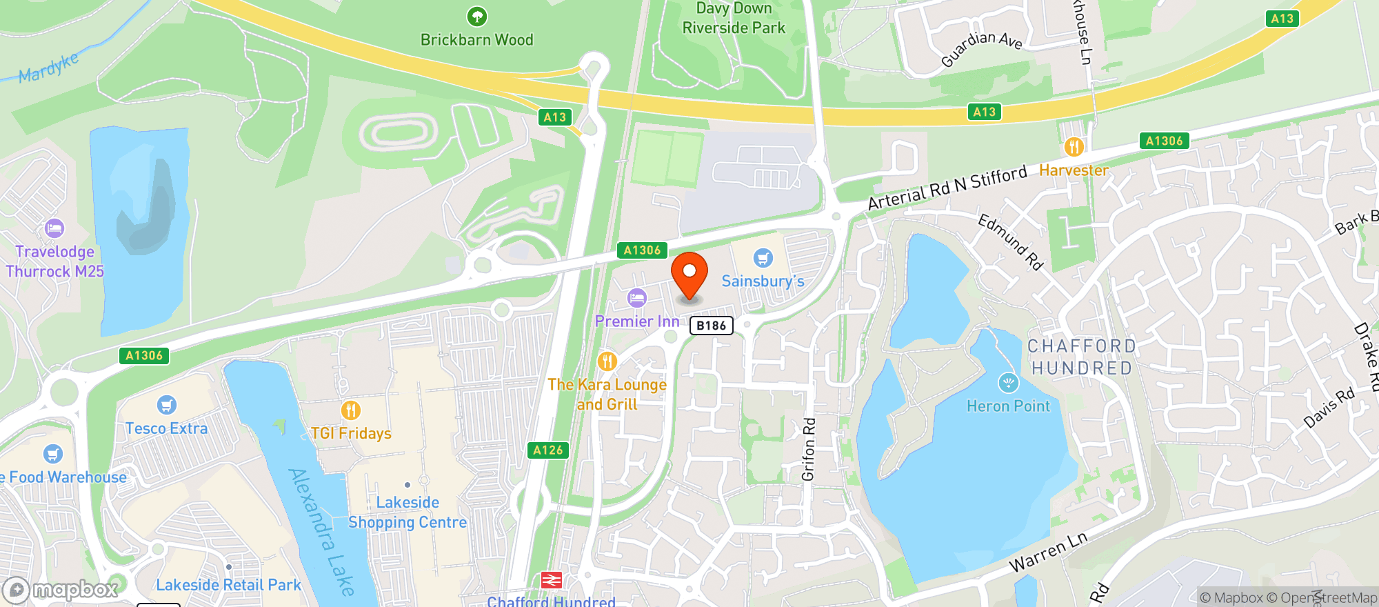 Map showing Sainsburys Chafford Hundred
