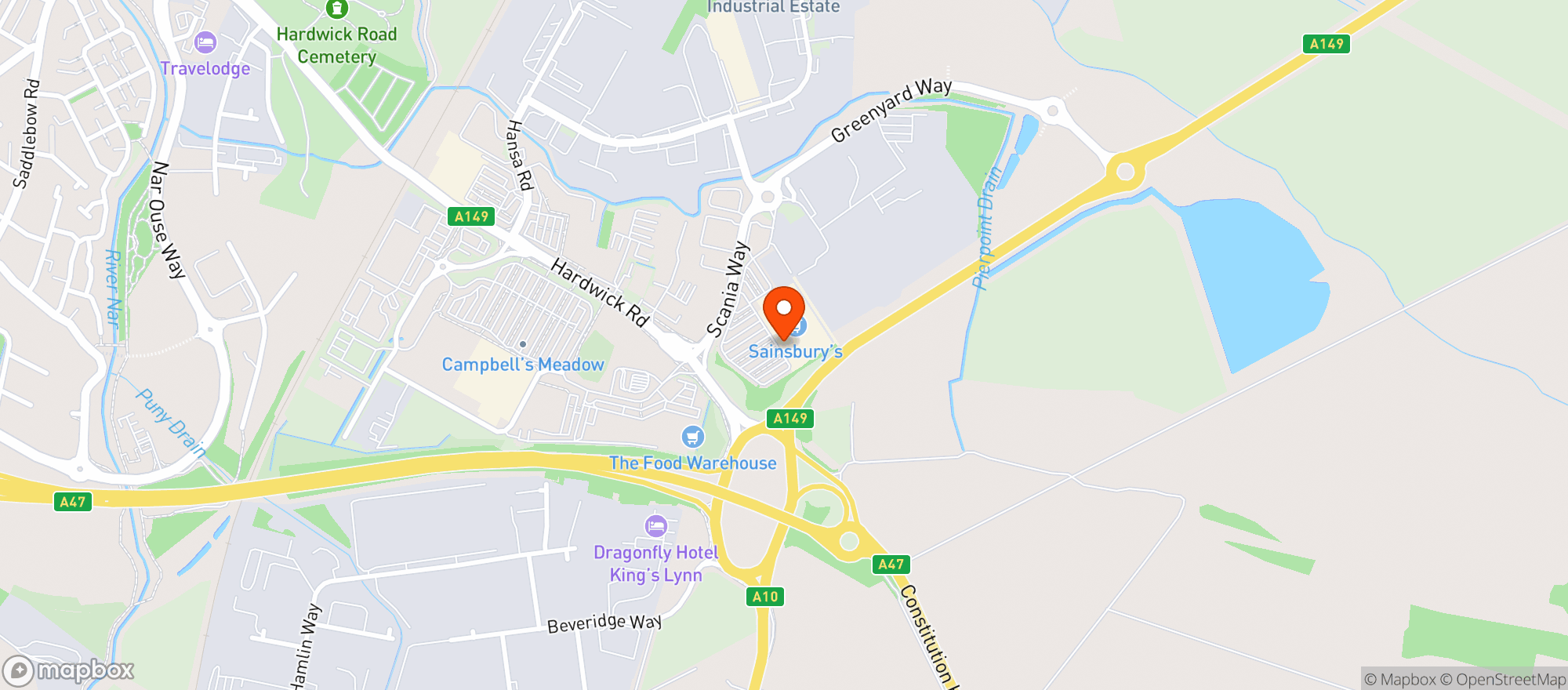 Map showing Sainsburys Kings lynn Hardwick
