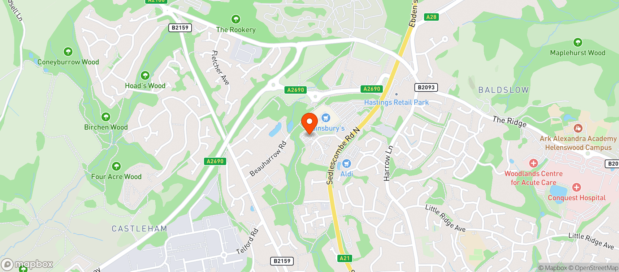 Map showing Sainsburys Sedlescombe Road