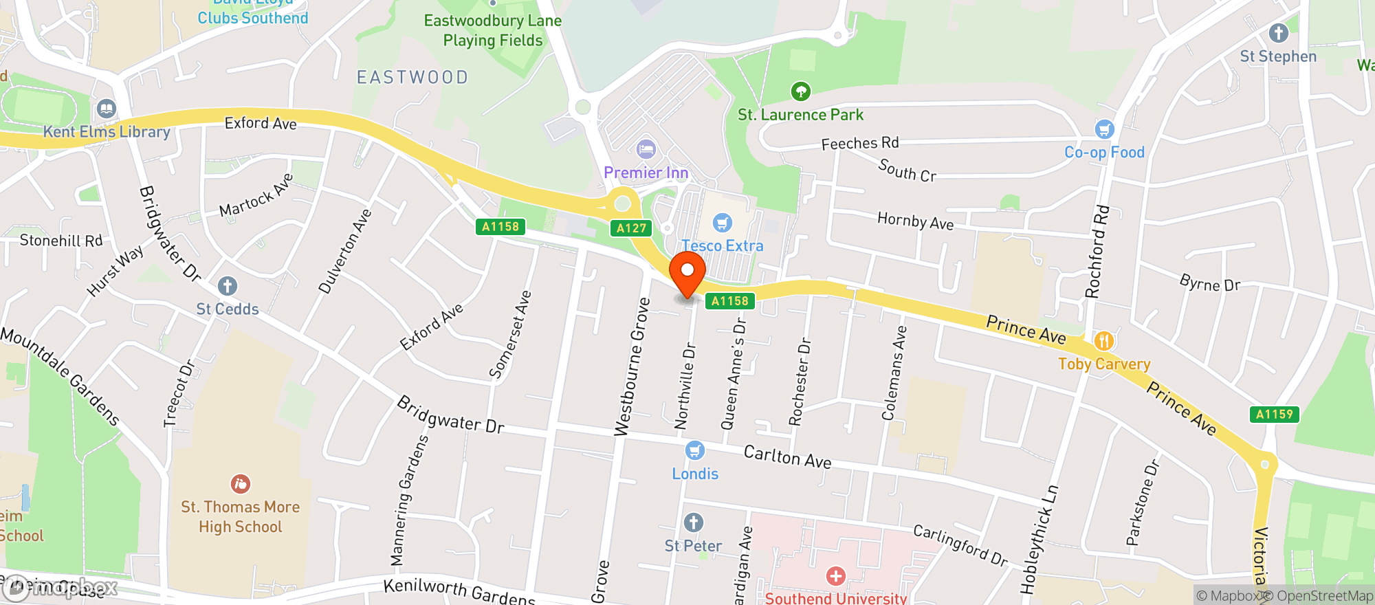 Map showing Toby Carvery - Southend (a127)