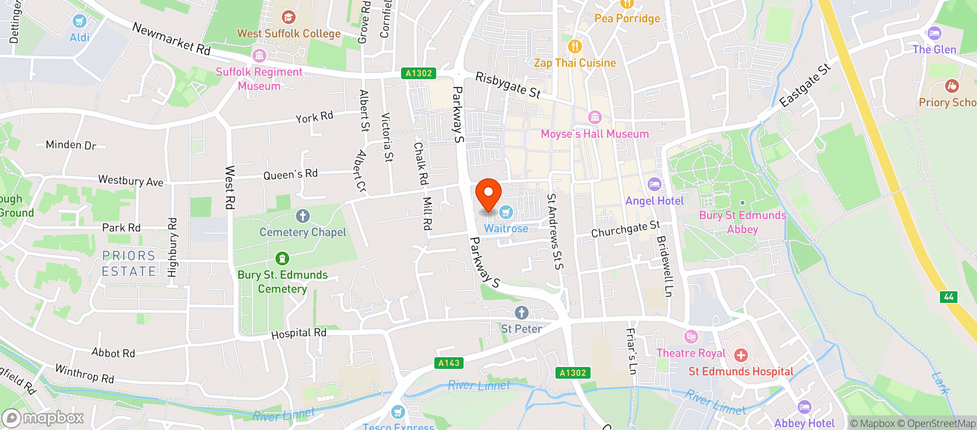 Map showing Waitrose Bury St Edmunds
