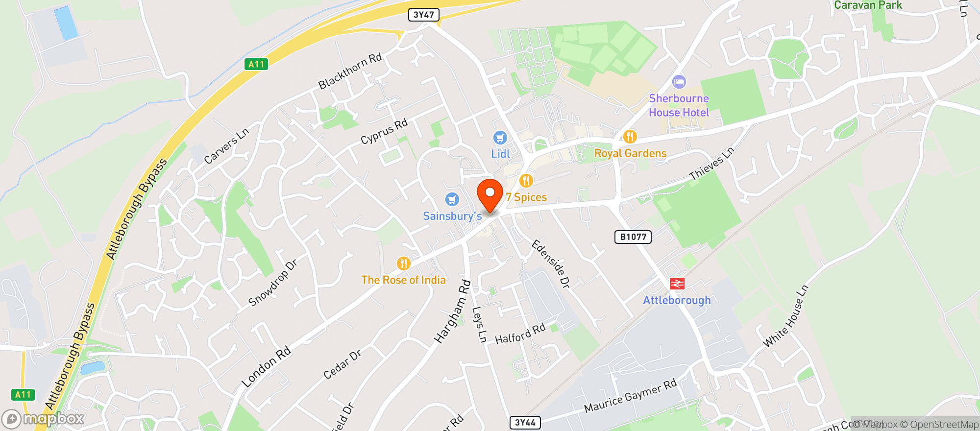 Map showing Sainsburys Attleborough
