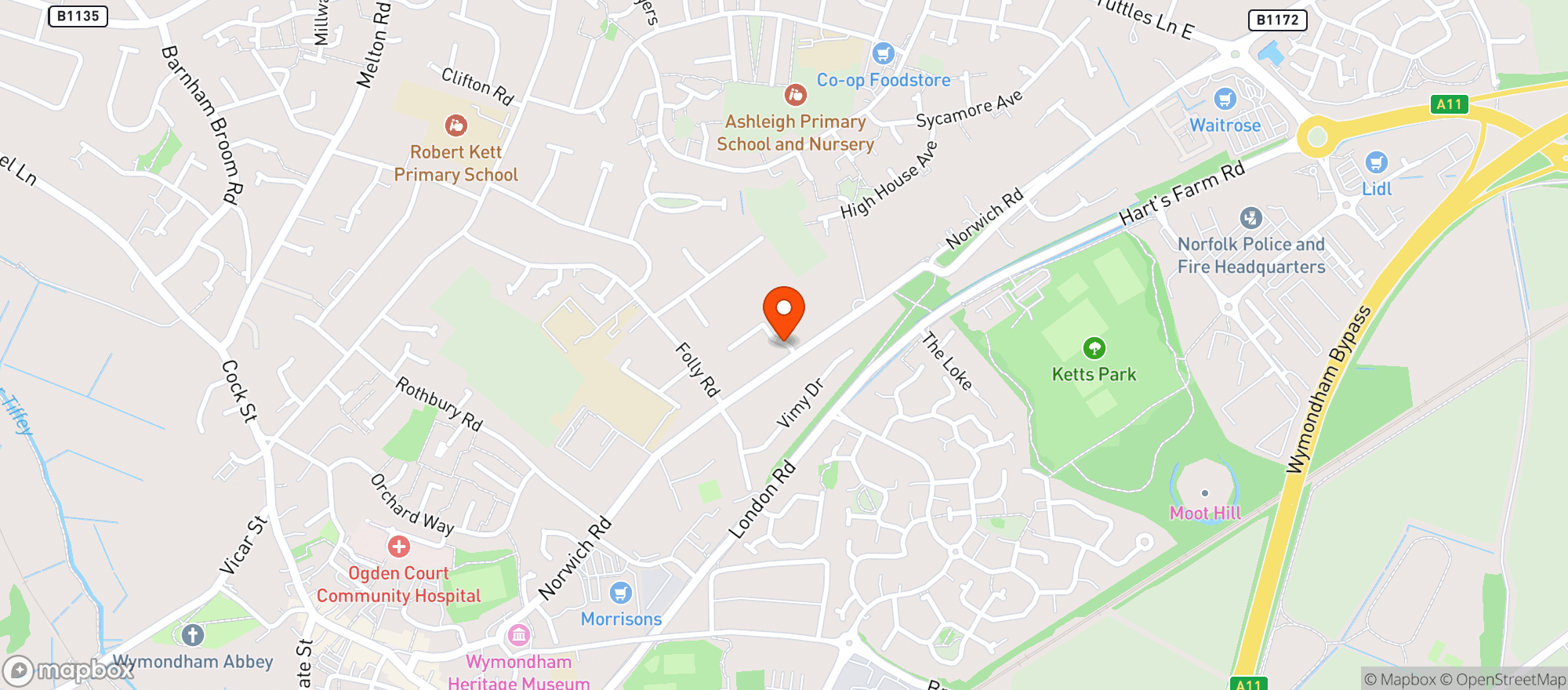 Map showing Waitrose Wymondham