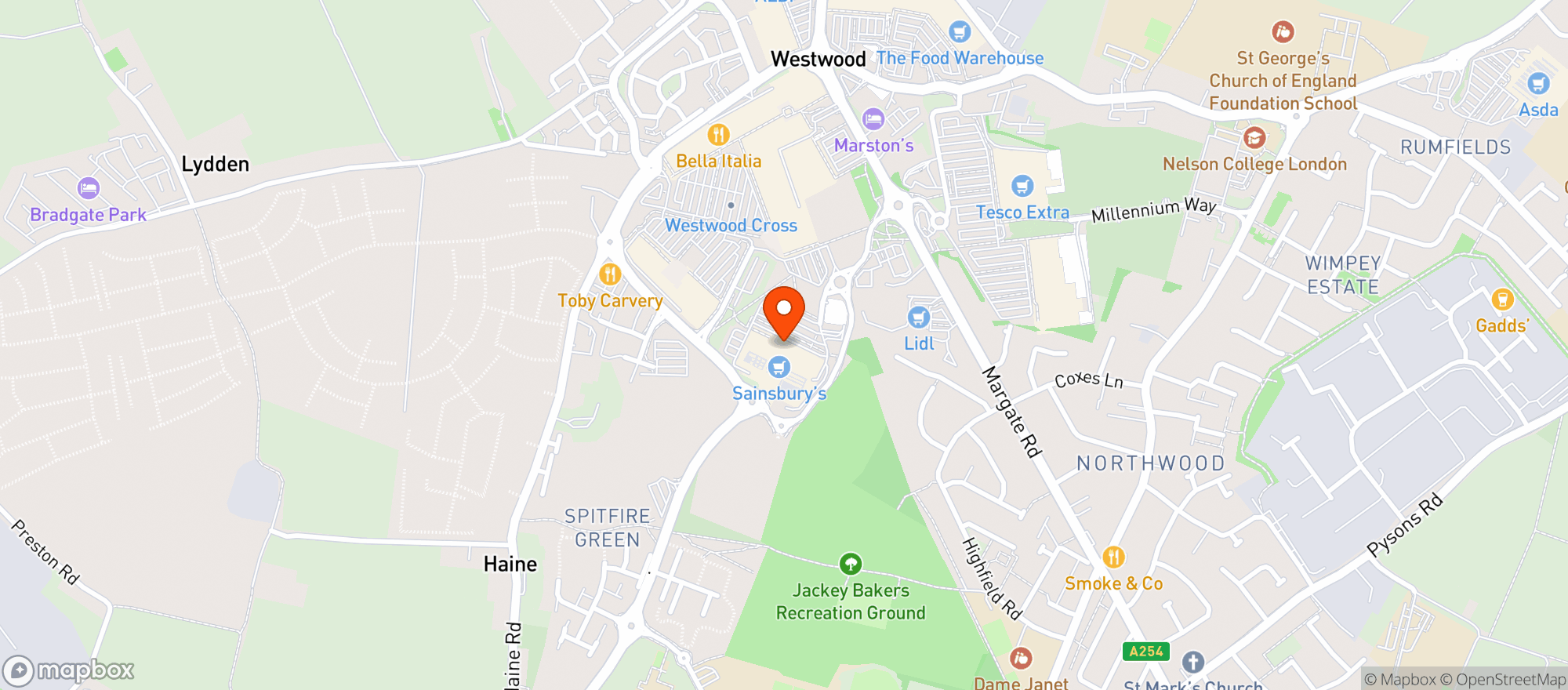 Map showing Sainsburys Thanet West Wood Cross