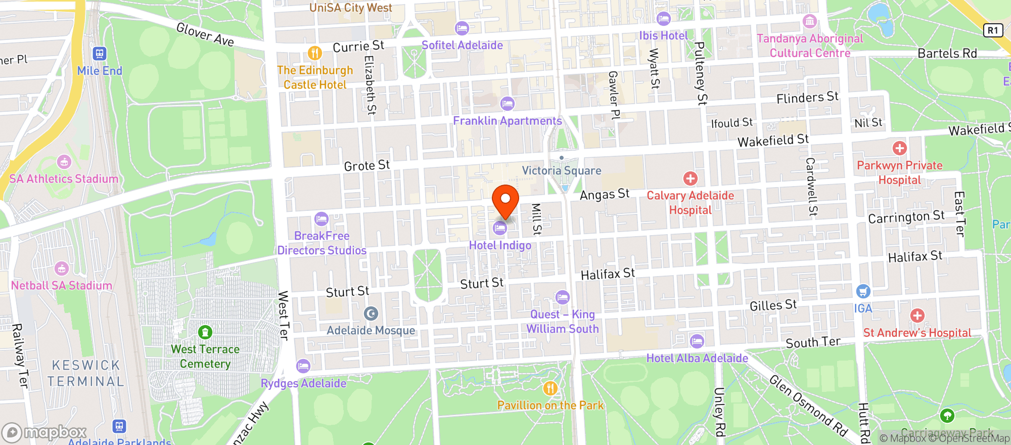 Map showing Hotel Indigo Adelaide Market