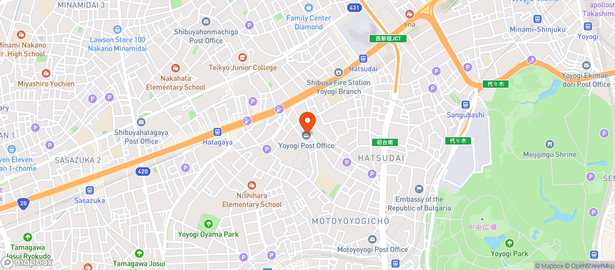 Map showing Yoyogi Post Office (代々木郵便局)