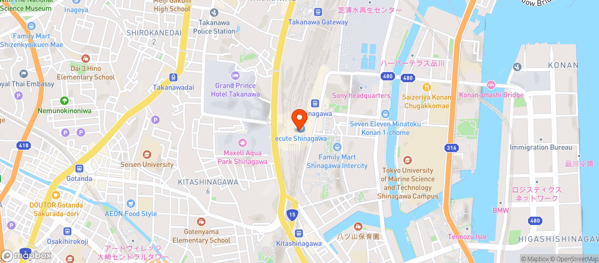 Map showing Hitachino Brewing Shinagawa Beer & Cafe (常陸野ブルーイング品川 Beer & Cafe)